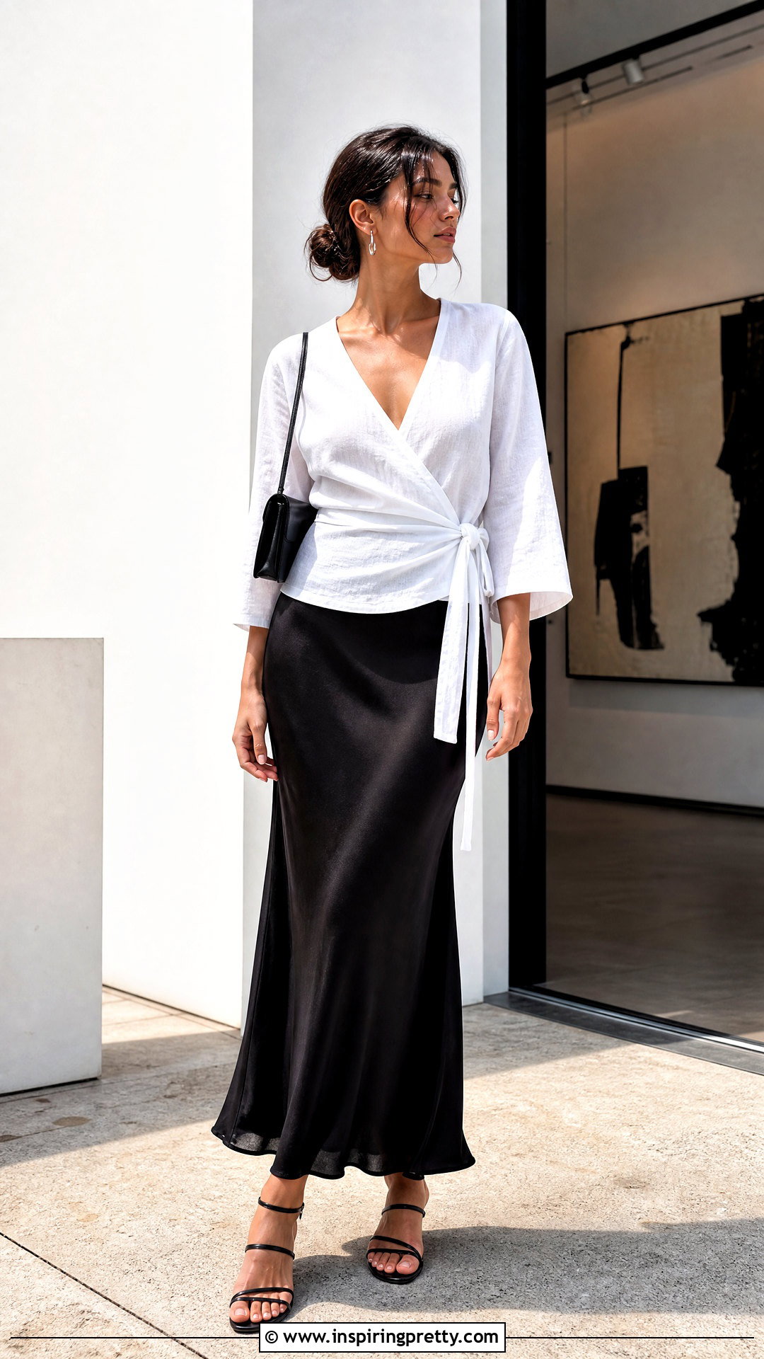 White Linen Wrap Top With Black Slip Skirt - 25 White Linen Wrap Top outfit ideas