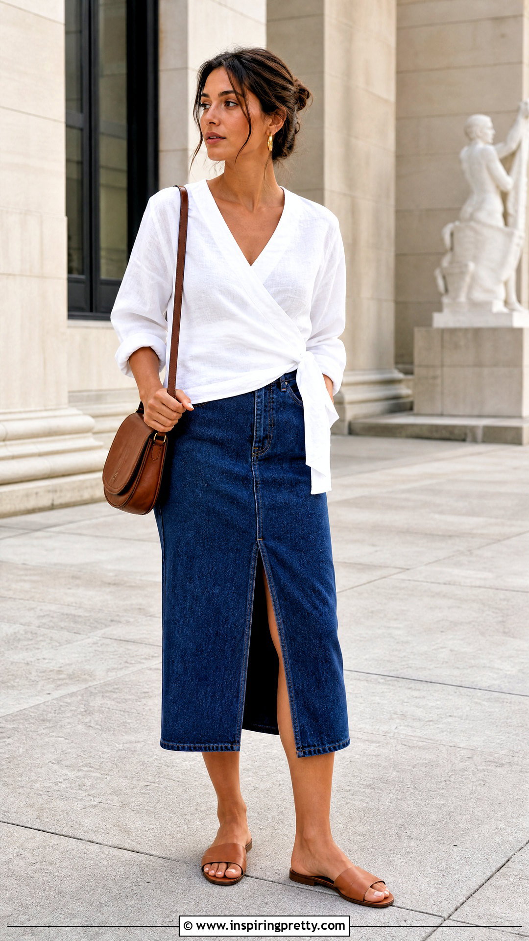White Linen Wrap Top With Denim Midi Skirt - 25 White Linen Wrap Top outfit ideas