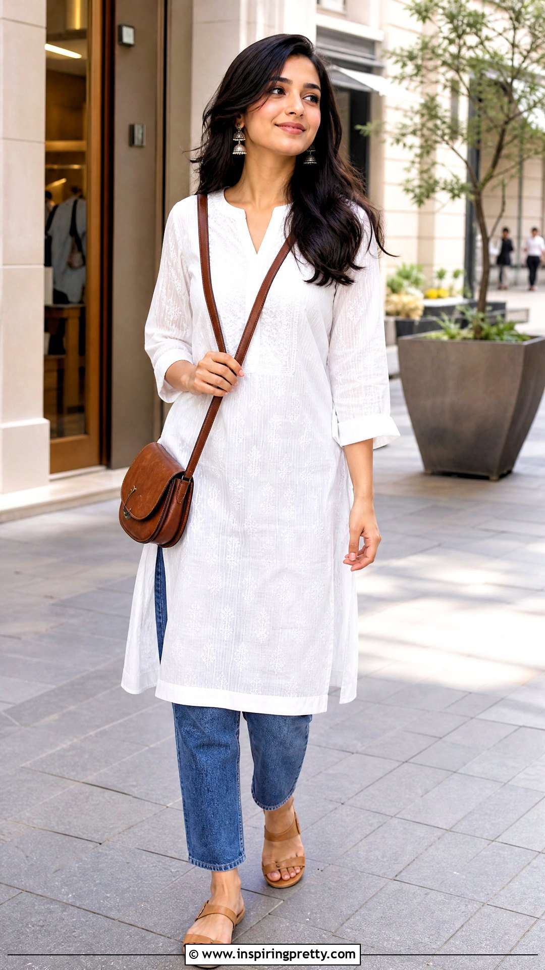 White Long Kurtha Top With Blue Jeans - 20 long kurtha tops for women