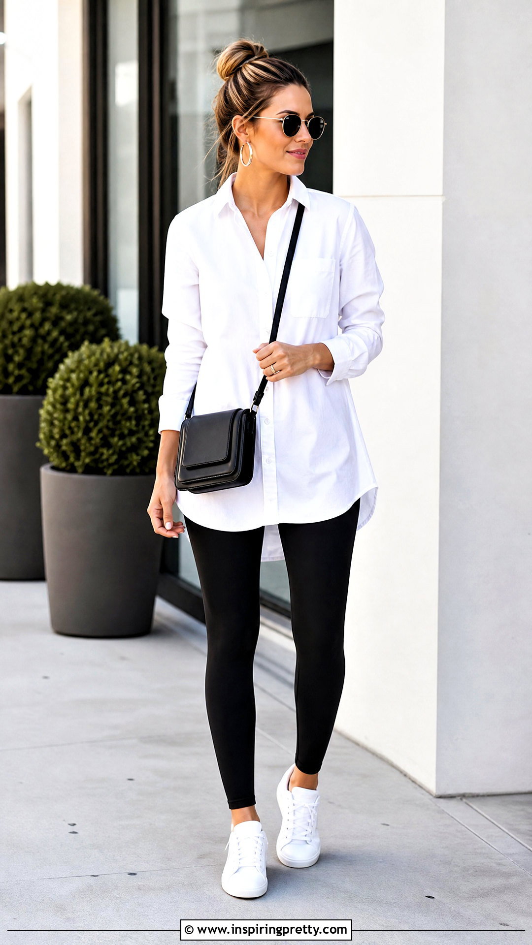 White Long Shirt With Black Leggings - 50 long top outfit ideas