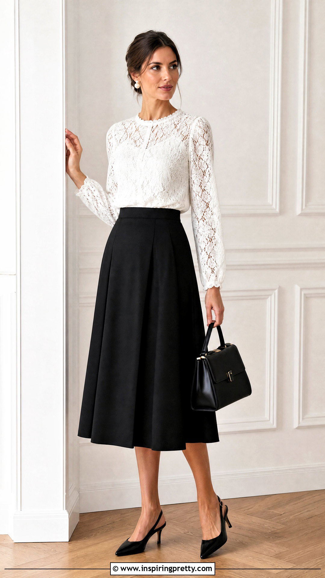 White Long Sleeve Lace Top With Black Midi Skirt - 50 long sleeve lace top outfit ideas