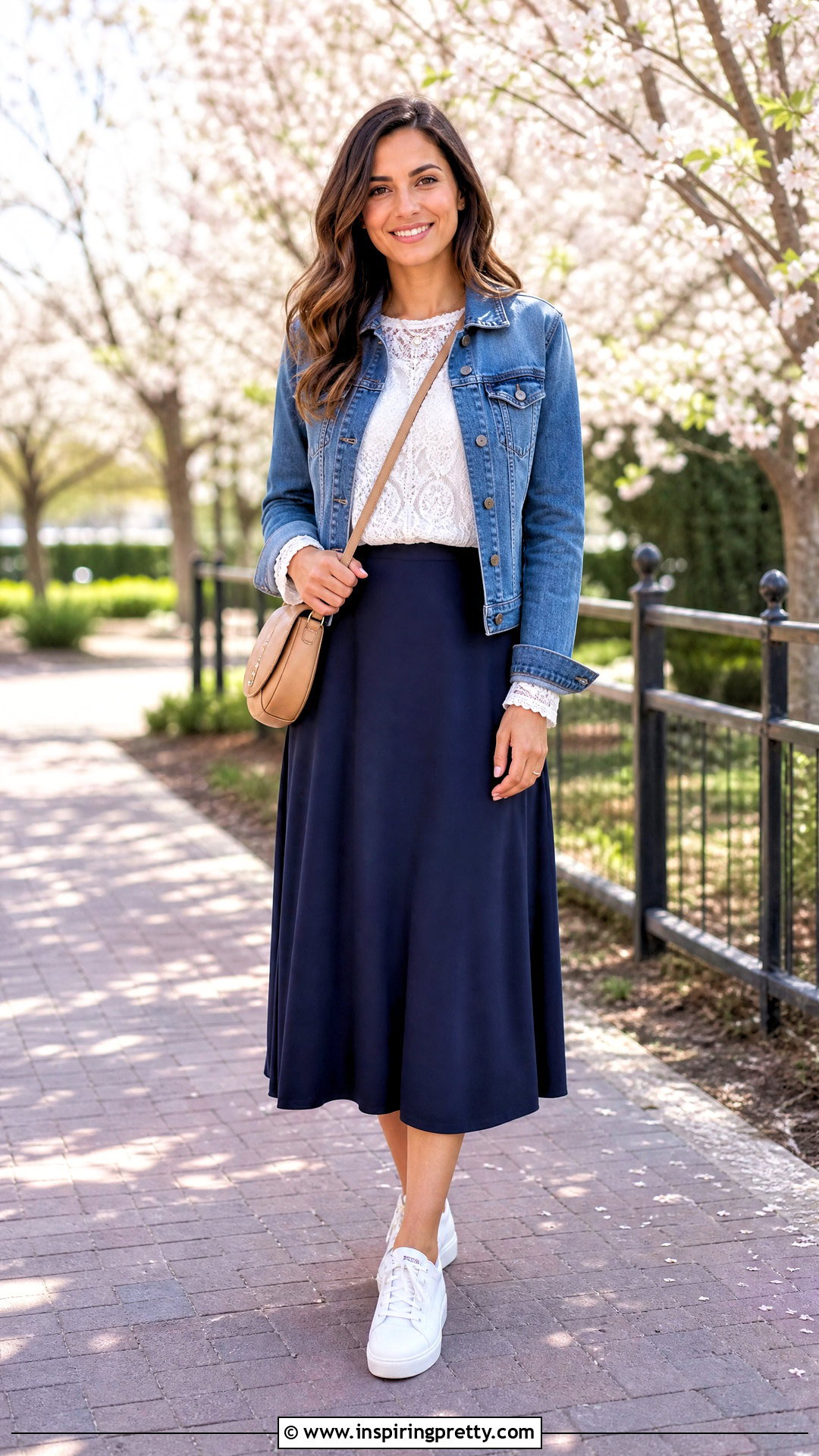 White Long Sleeve Lace Top With Denim Jacket And Midi Skirt - 50 long sleeve lace top outfit ideas