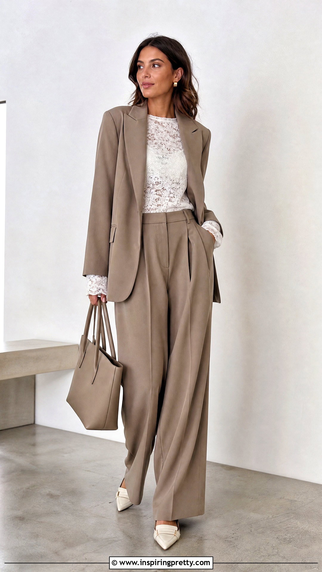 White Long Sleeve Lace Top With Relaxed Suit - 50 long sleeve lace top outfit ideas