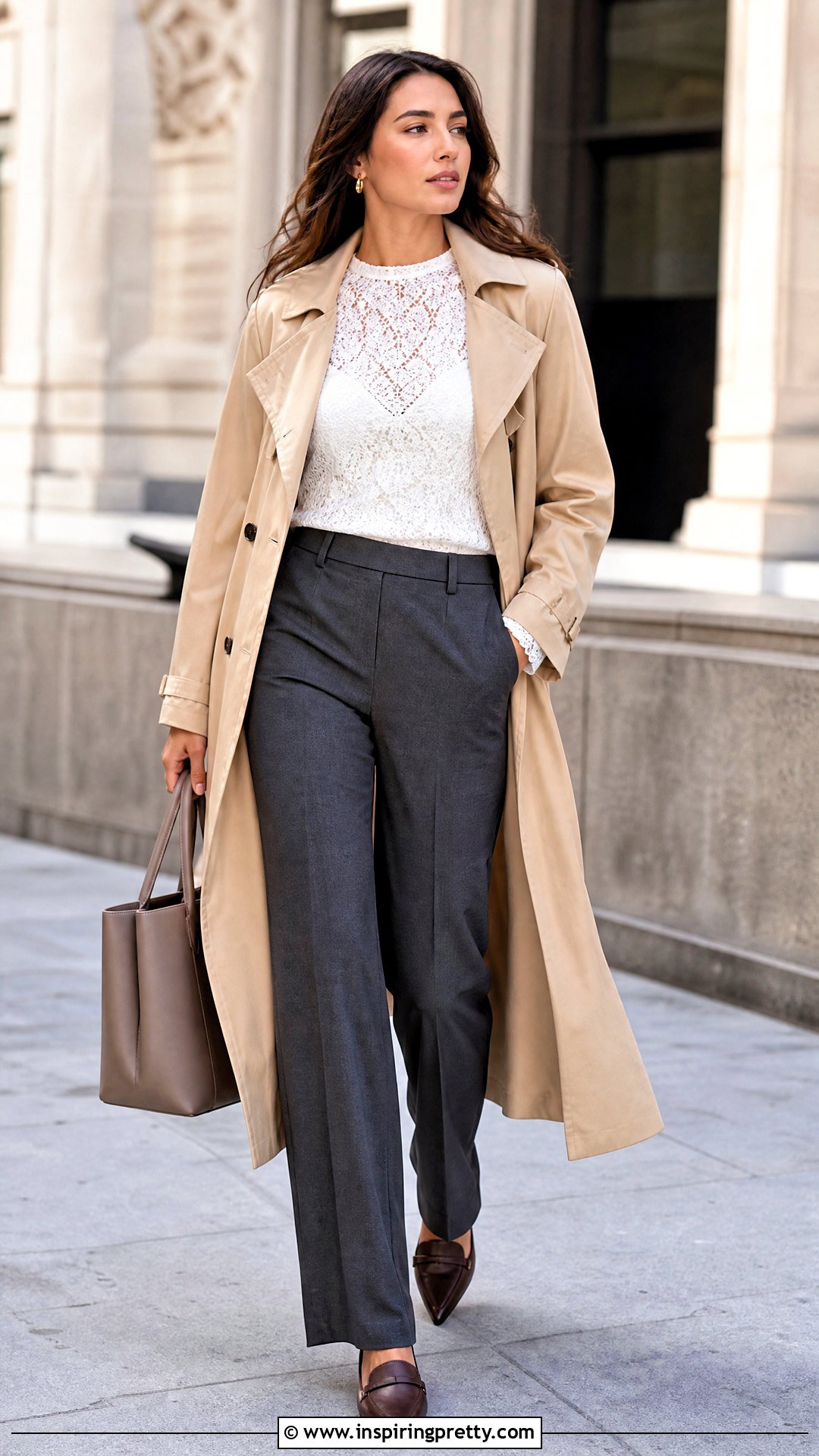 White Long Sleeve Lace Top With Trench Coat And Trousers - 50 long sleeve lace top outfit ideas