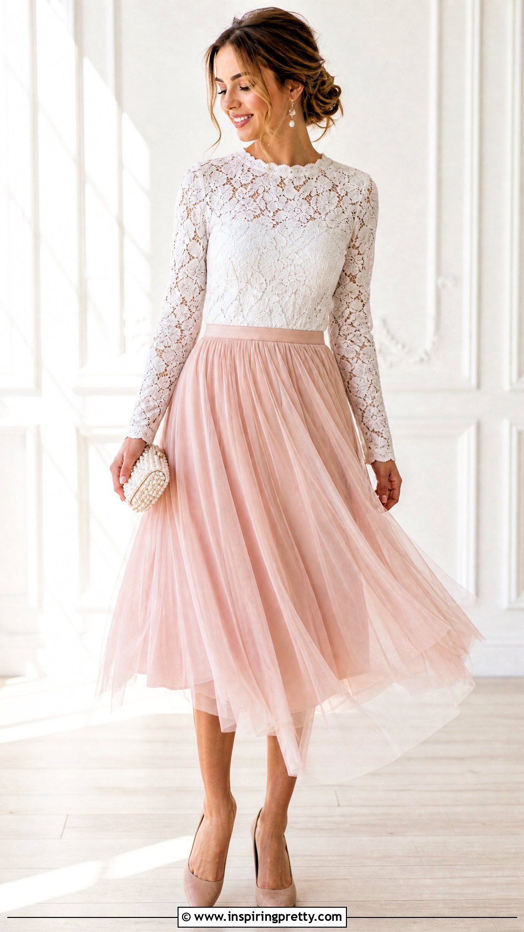 White Long Sleeve Lace Top With Tulle Midi Skirt - 50 long sleeve lace top outfit ideas