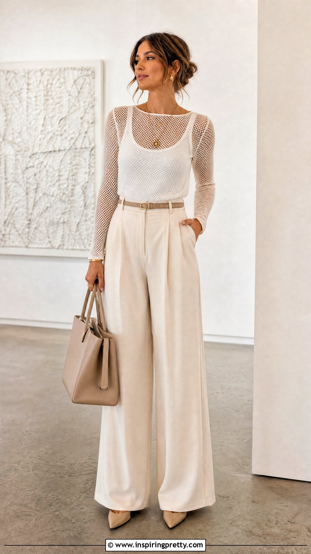 White Long Sleeve Mesh Top With Wide Leg Trousers - 20 Mesh Top Longsleeve Outfit ideas