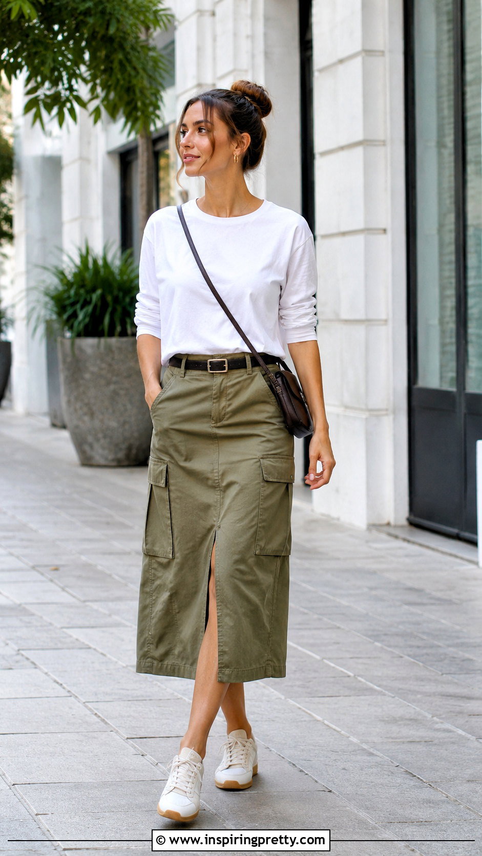 White Long Sleeve Tee With Cargo Skirt - 50 white tops outfit ideas