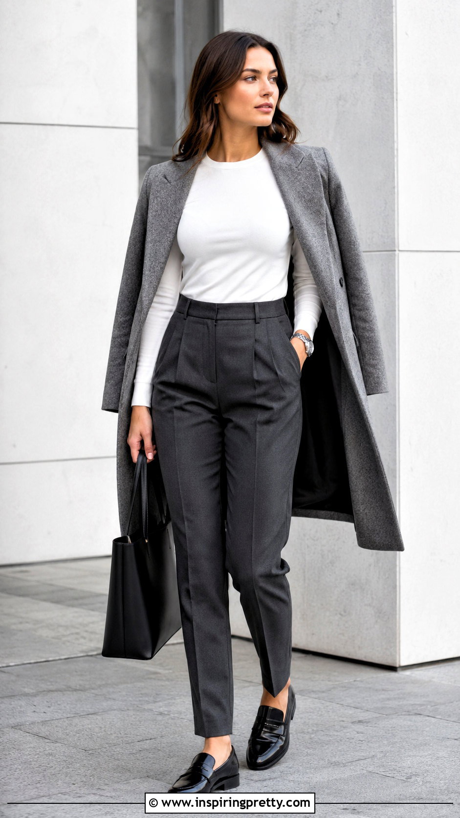 White Long Sleeve Top With Gray Trousers - 20 Minimalist White Top outfit ideas