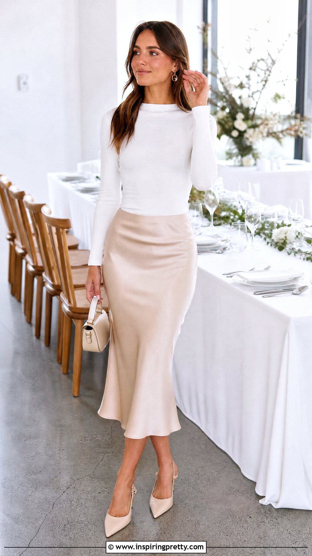 White Long Sleeve Top With Satin Midi Skirt - 25 Long Sleeve Dress Tops outfit ideas