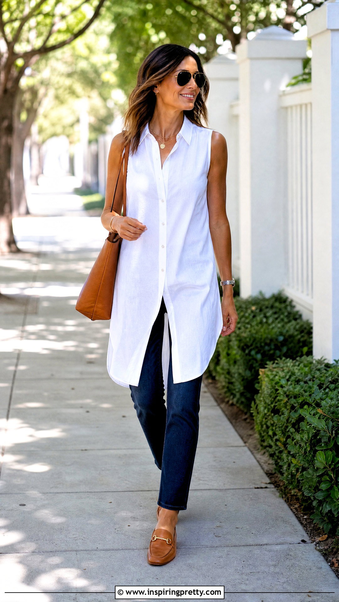 White Long Sleeveless Tunic Top With Blue Jeans - 20 Long Sleeveless Tunic Tops outfit ideas