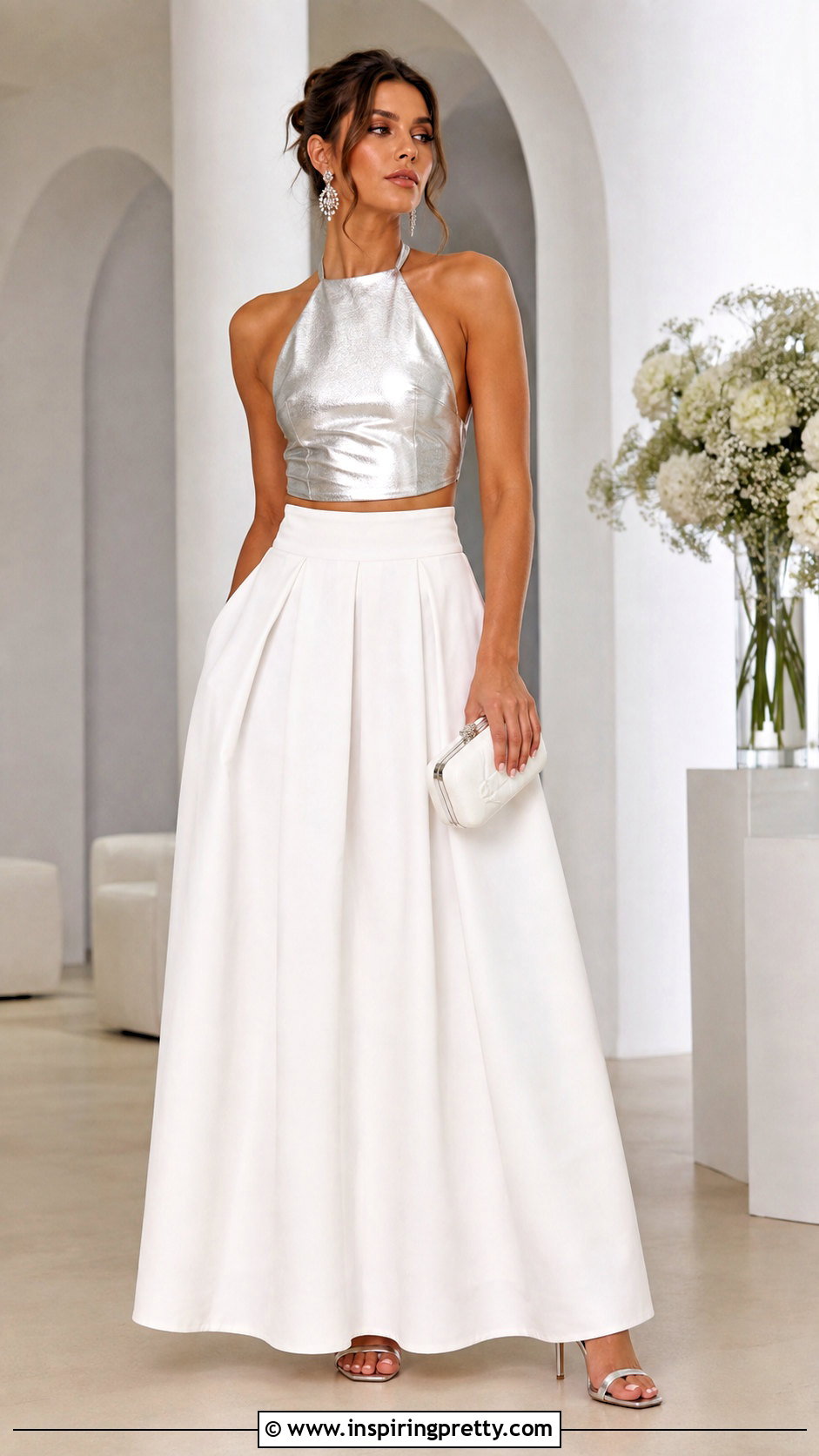 White Maxi Skirt And Silver Halter Top Party Outfit - 50 skirt and top party wear outfits