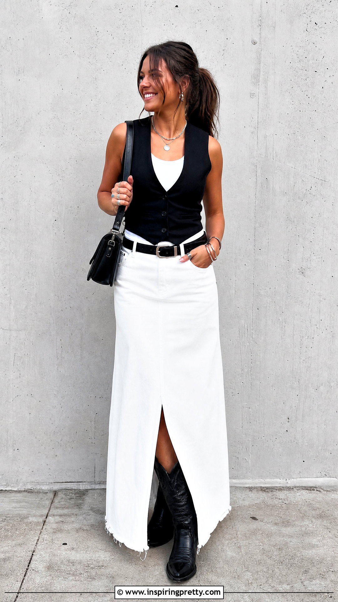 White Maxi Western Skirt And Black Western Vest - 50 western skirt and top outfit ideas