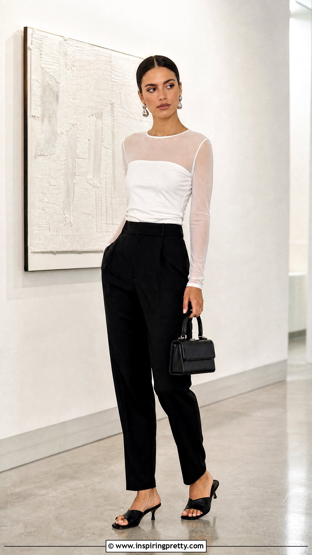 White Mesh Layer Top With Tailored Pants - 50 White Summer Top outfit ideas