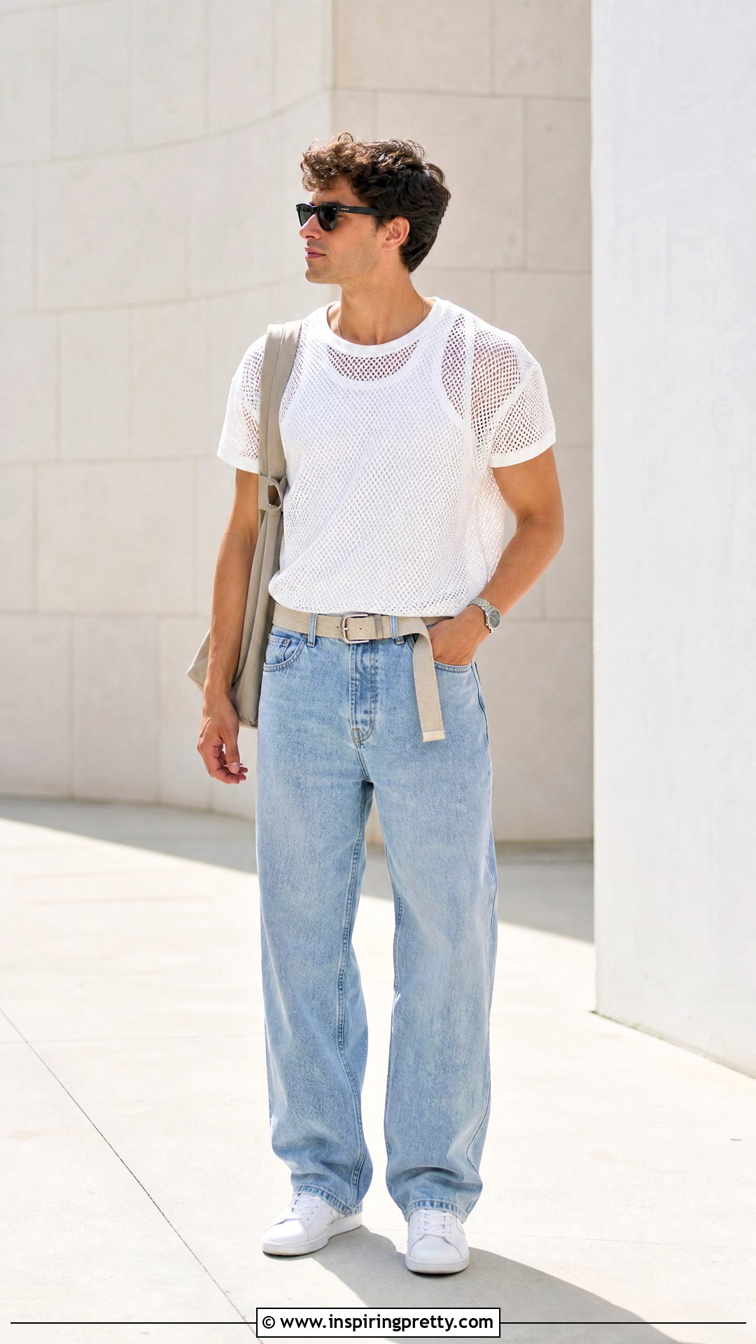 White Mesh T Shirt With Light Wash Jeans - 20 men’s mesh top outfit ideas