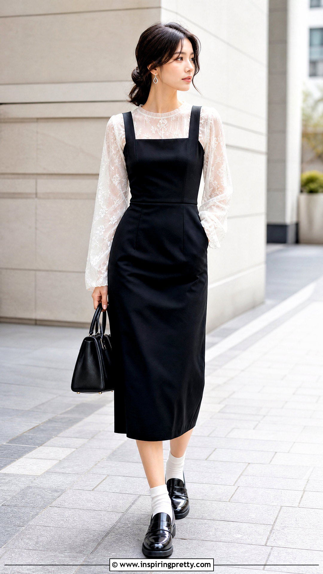 White Mesh Top Under Black Pinafore Dress - 25 Long Sleeve Mesh Top Under Dress outfit ideas