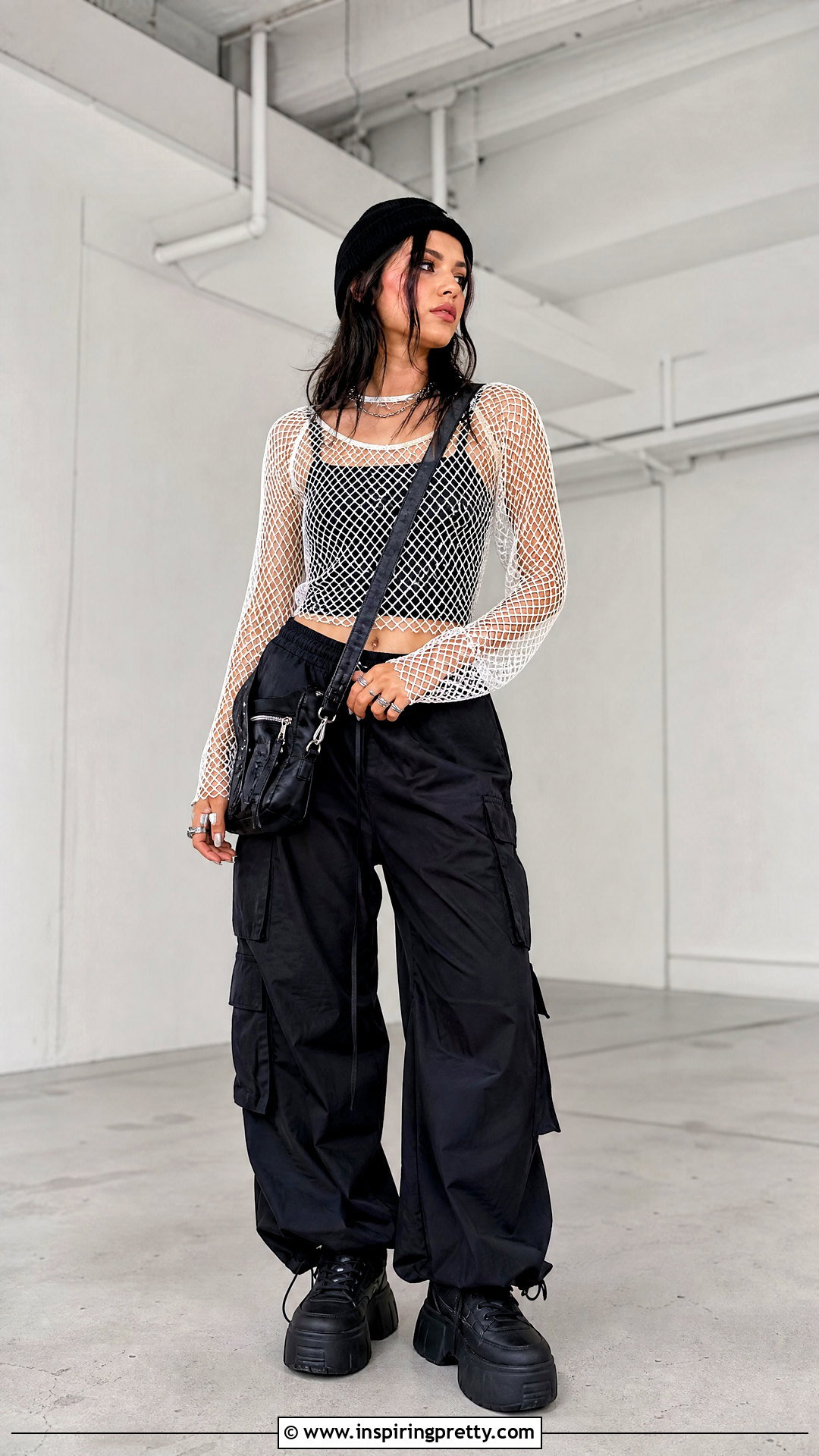 White Mesh Top With Black Cargo Pants - 25 Billie Eilish White Top outfit ideas