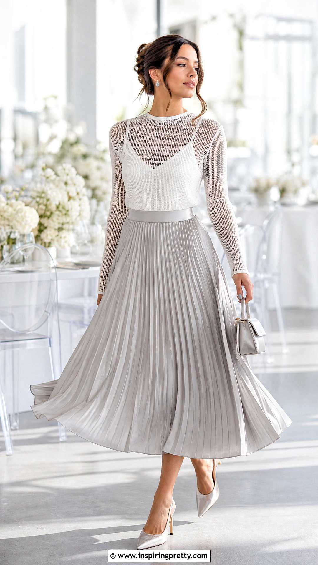 White Mesh Top With Pleated Midi Skirt - 50 white mesh top outfit ideas