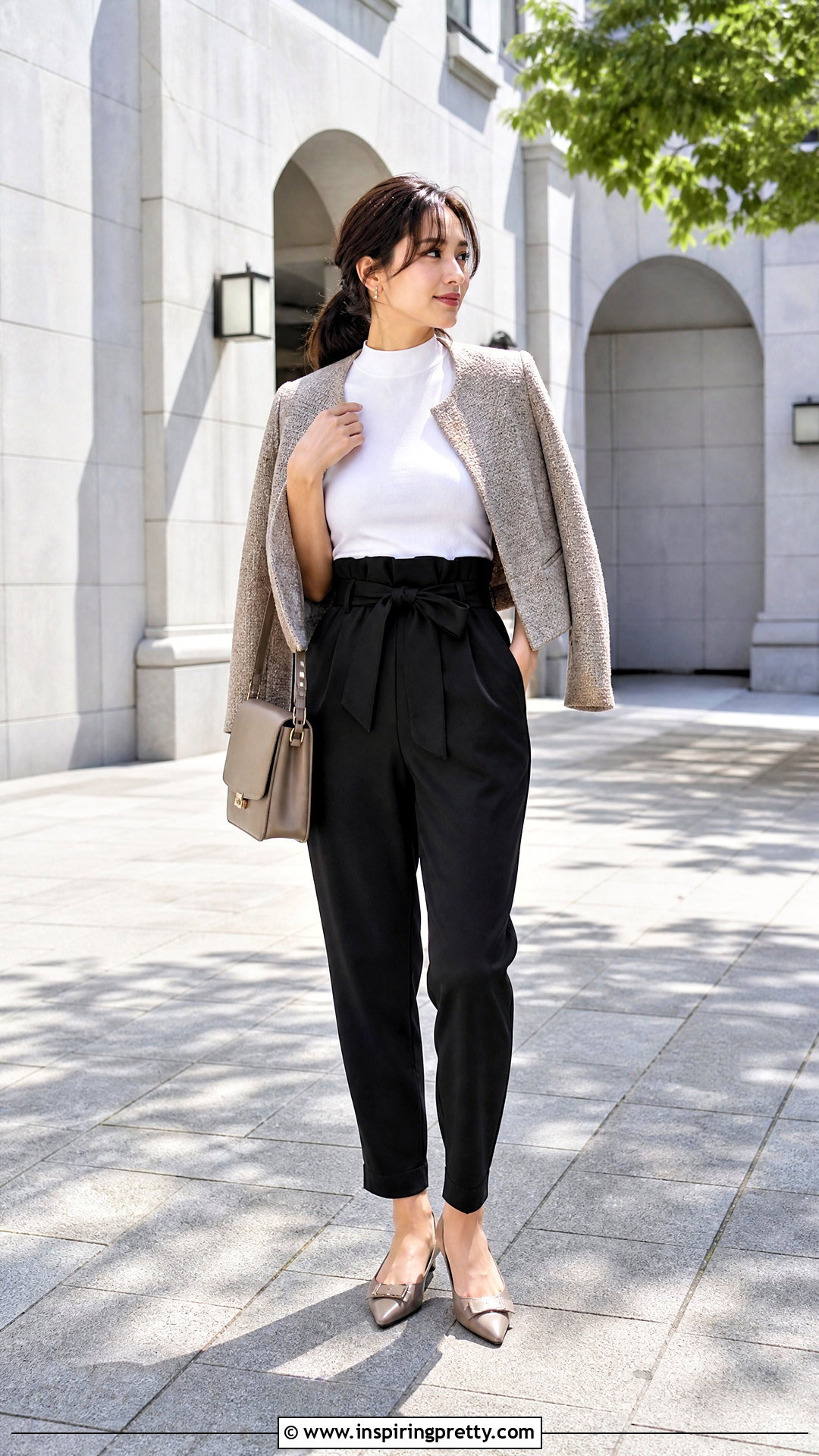 White Mock Neck Top With Black Paperbag Pants - 50 white top and black pants outfit ideas