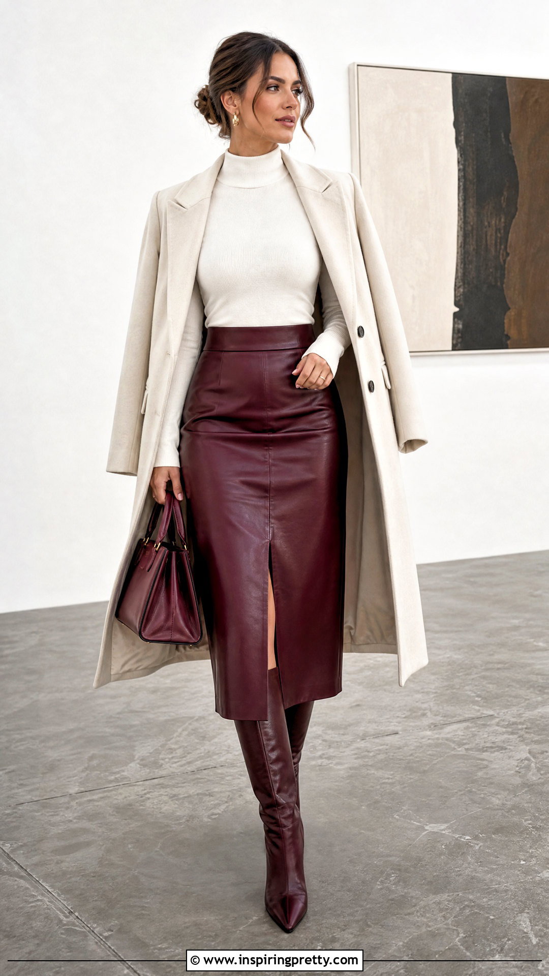 White Mock Neck Top With Leather Midi Skirt - 50 white tops for women