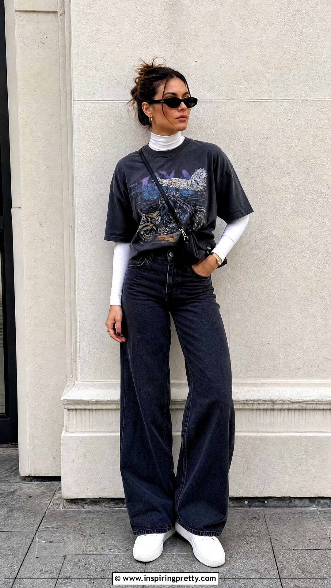 White Mock Neck Under Graphic T Shirt Outfit - 20 mock neck top outfit layered t shirts