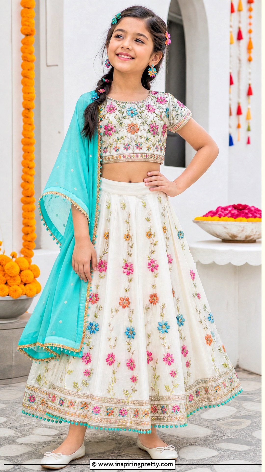 White Multicolor Embroidered Kids Crop Top Lehenga - 50 kids crop top lehenga designs