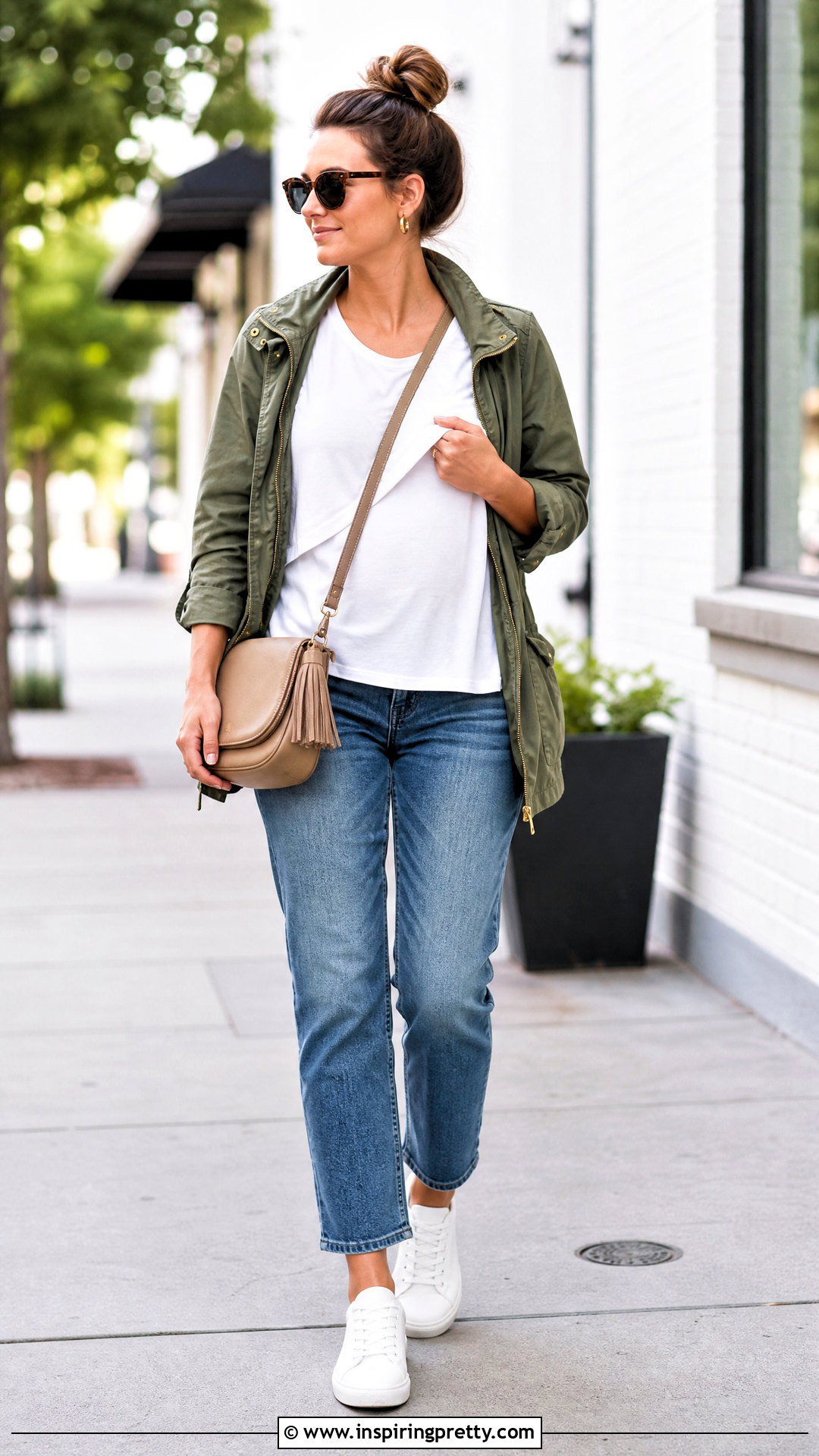 White Nursing T Shirt With Straight Leg Jeans - 20 Cute Breastfeeding Tops outfit ideas