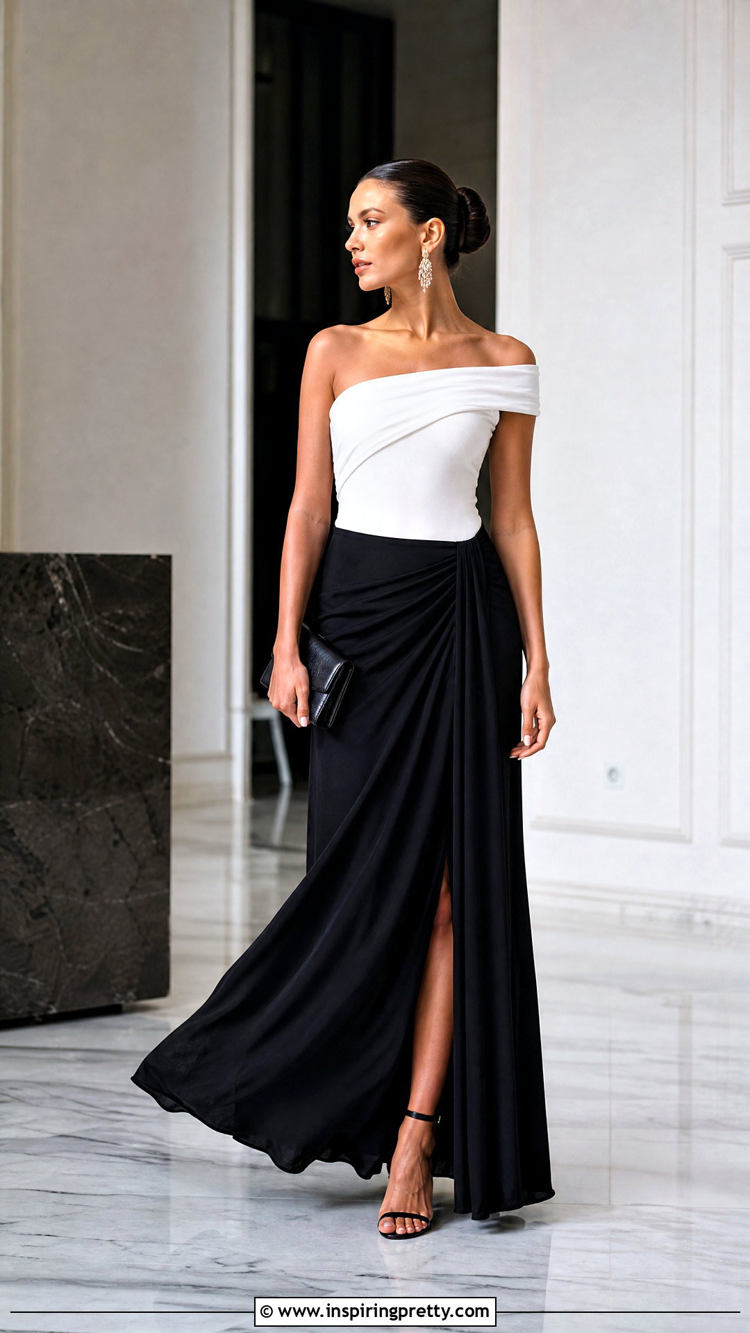 White Off Shoulder Bodysuit With Slicked Back Bun and Maxi Skirt - 50 hairstyle for off shoulder top outfit ideas