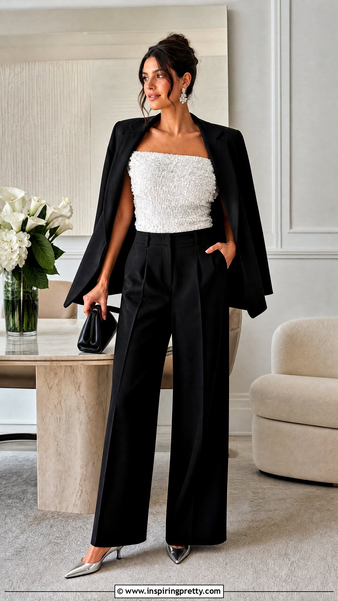 White Off Shoulder Sequin Top With Black Trousers - 20 white sequin tops for women
