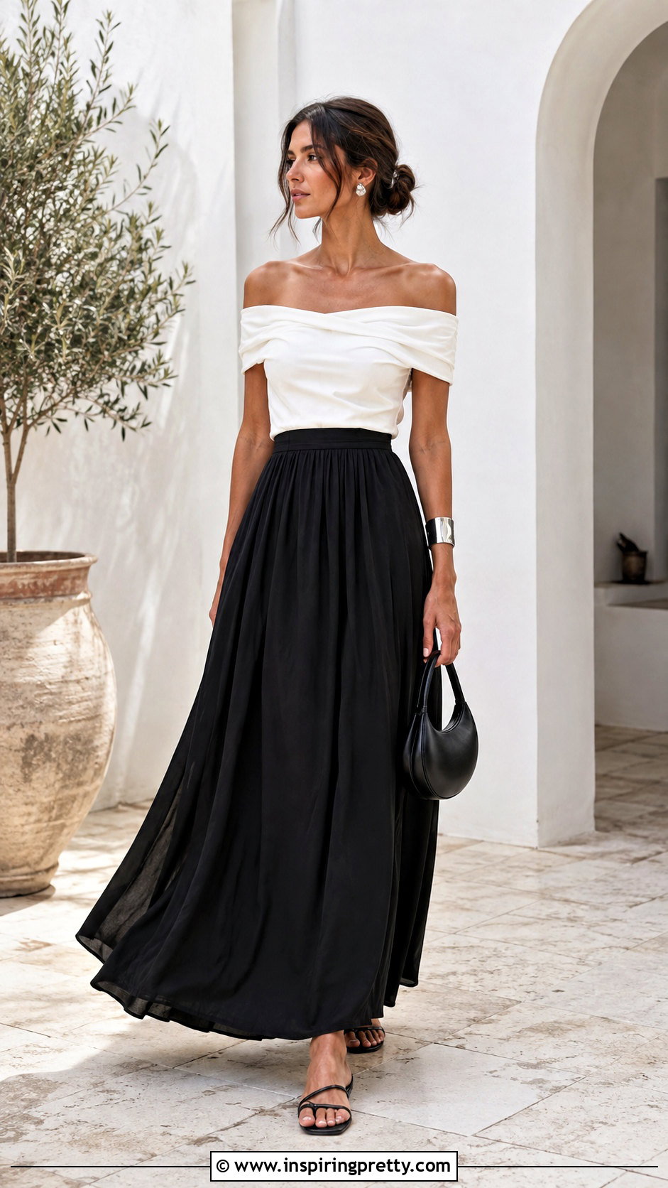 White Off Shoulder Top With Black Maxi Skirt - 50 white tops outfit ideas