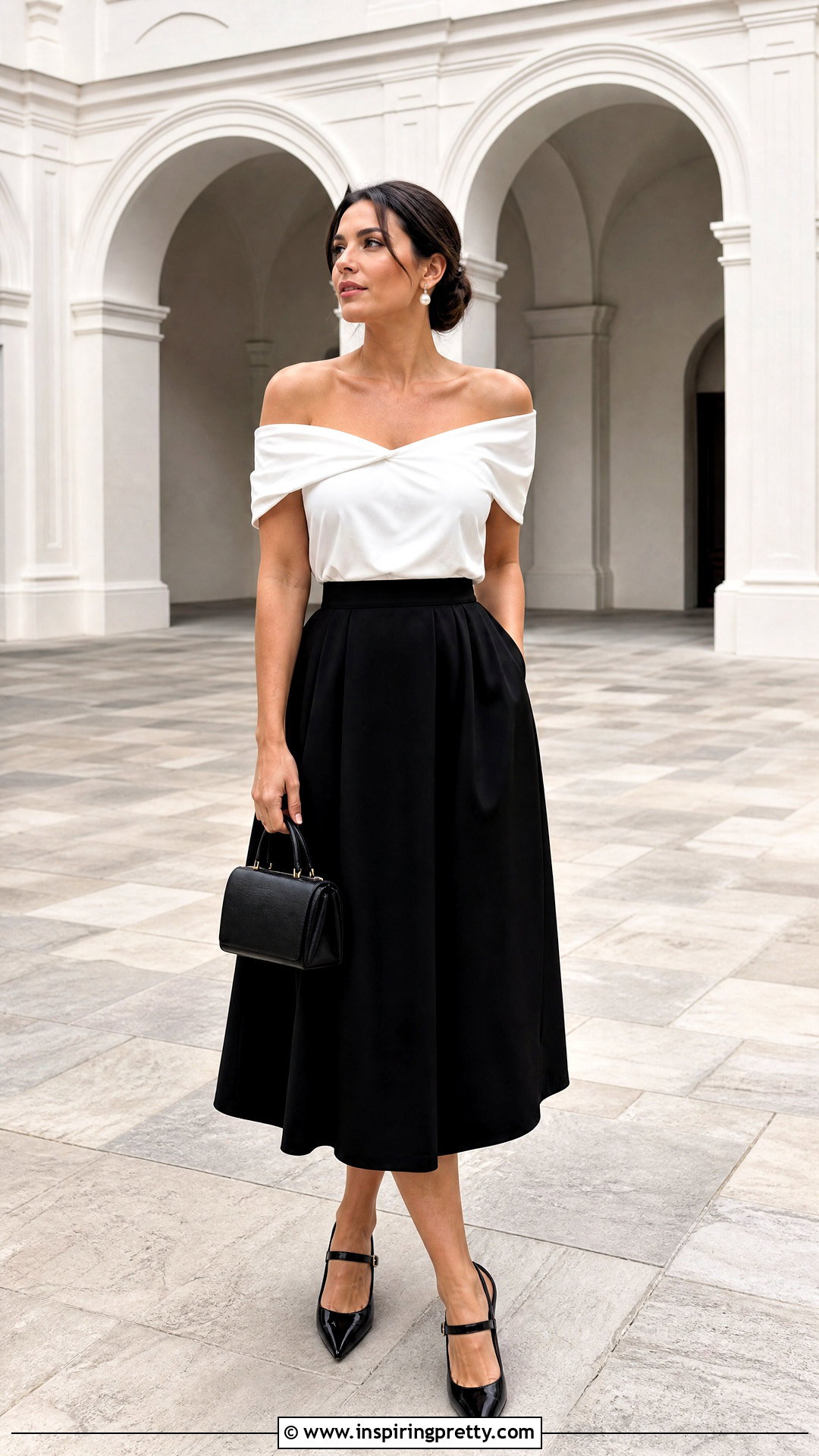 White Off Shoulder Top With Black Midi Skirt - 50 white off shoulder top outfits