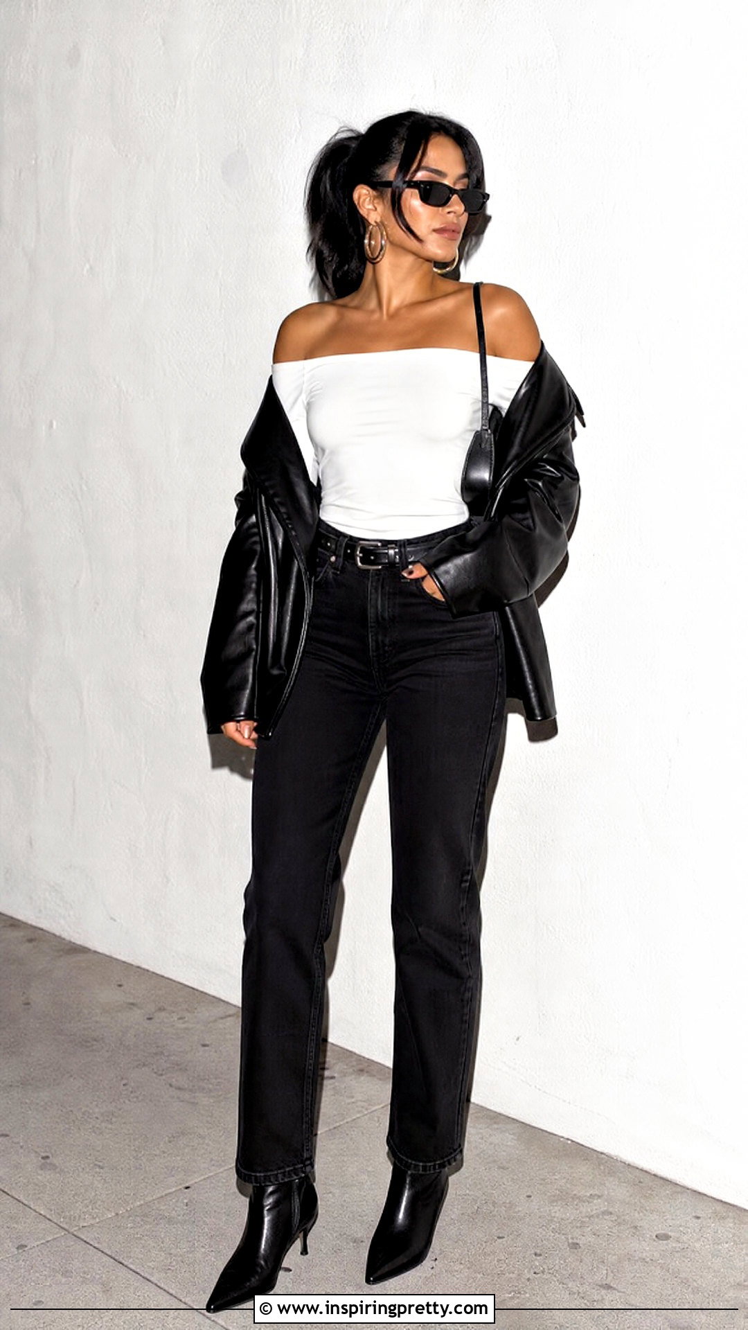 White Off Shoulder Top With Leather Jacket And Jeans - 50 white off shoulder top outfits