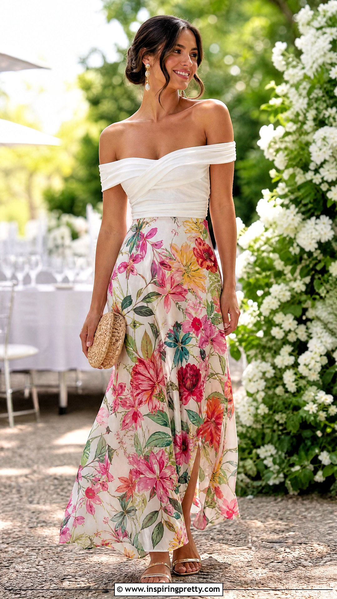 White Off Shoulder Top With Maxi Skirt - 50 White Summer Top outfit ideas