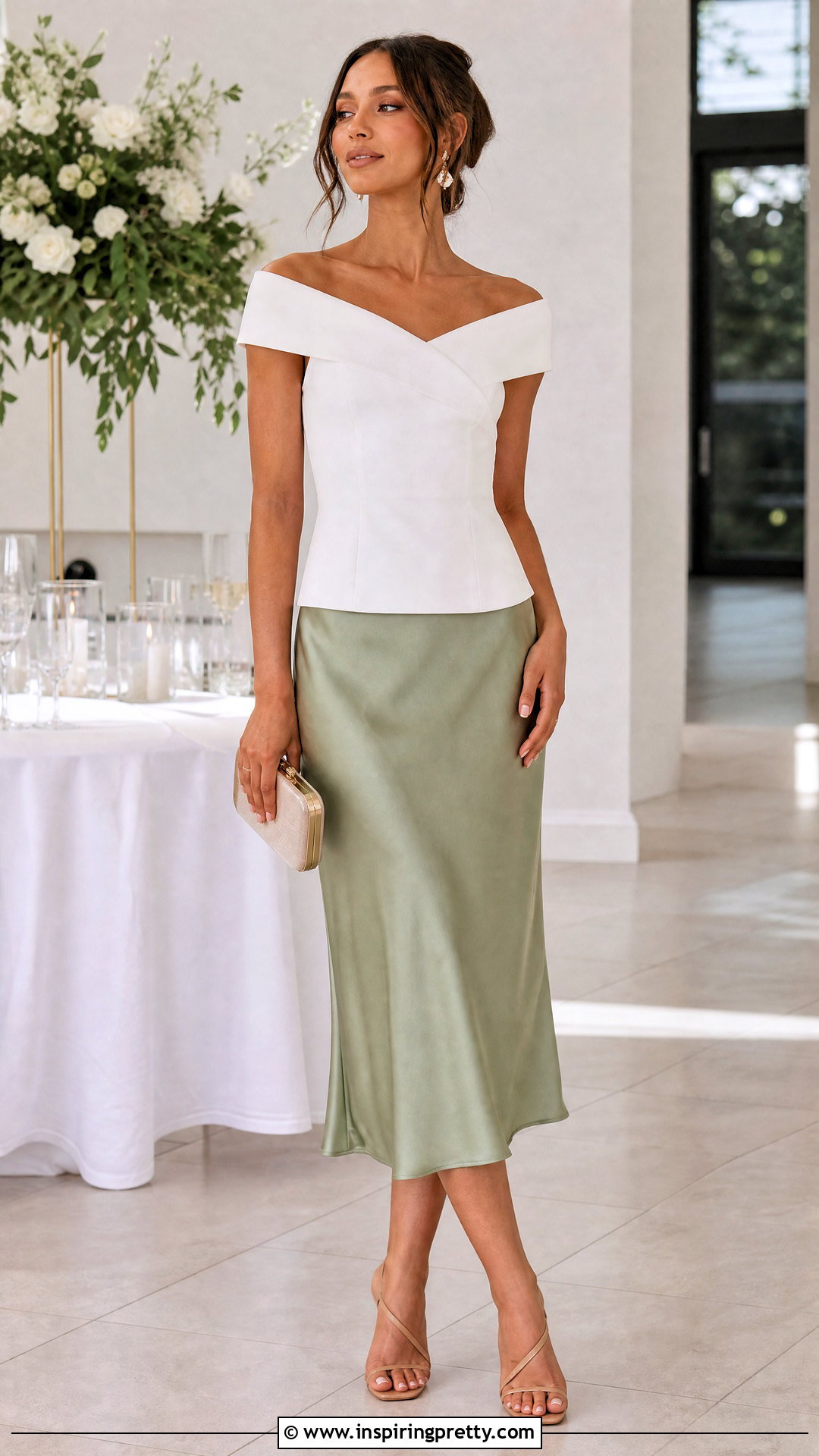 White Off Shoulder Top With Satin Midi Skirt - 50 white off shoulder top outfits