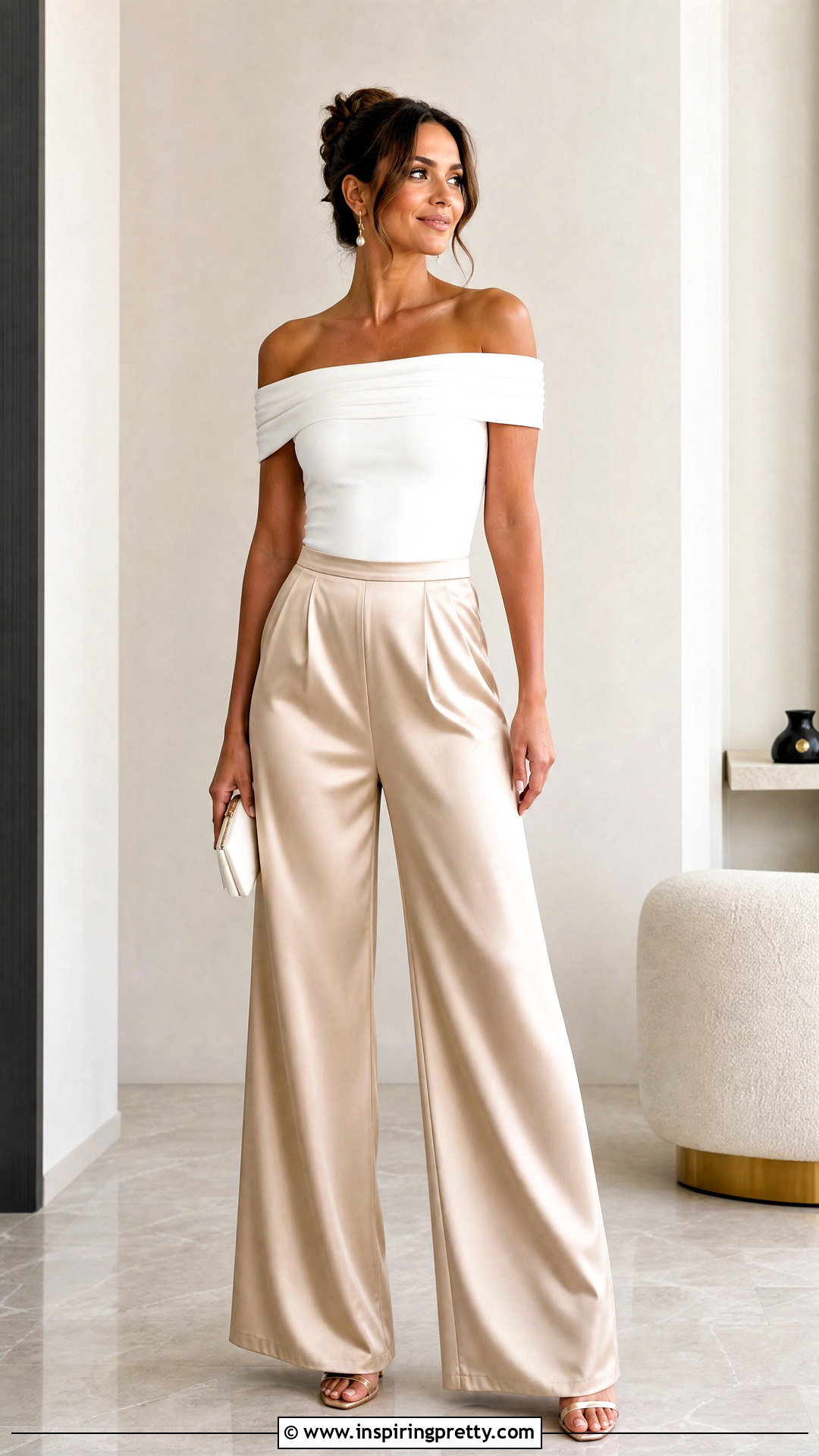 White Off Shoulder Top With Satin Pants - 50 white off shoulder top outfits