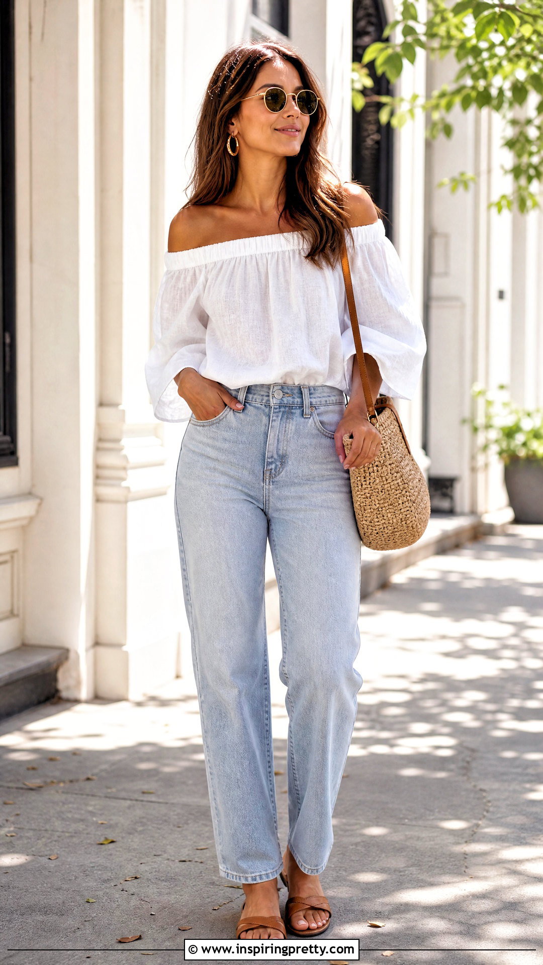 White Off Shoulder Top With Straight Leg Jeans - 50 Off Shoulder Tops outfit ideas