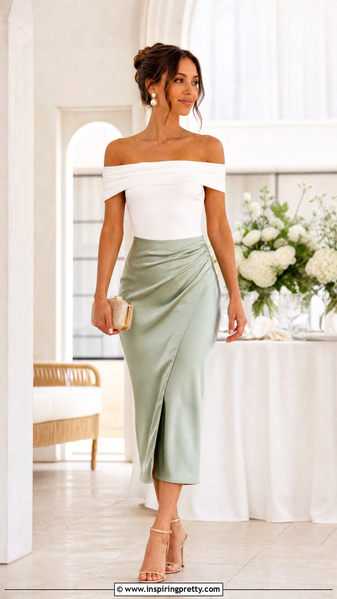 White Off The Shoulder Top With A Satin Midi Skirt - 50 white off the shoulder top outfit ideas