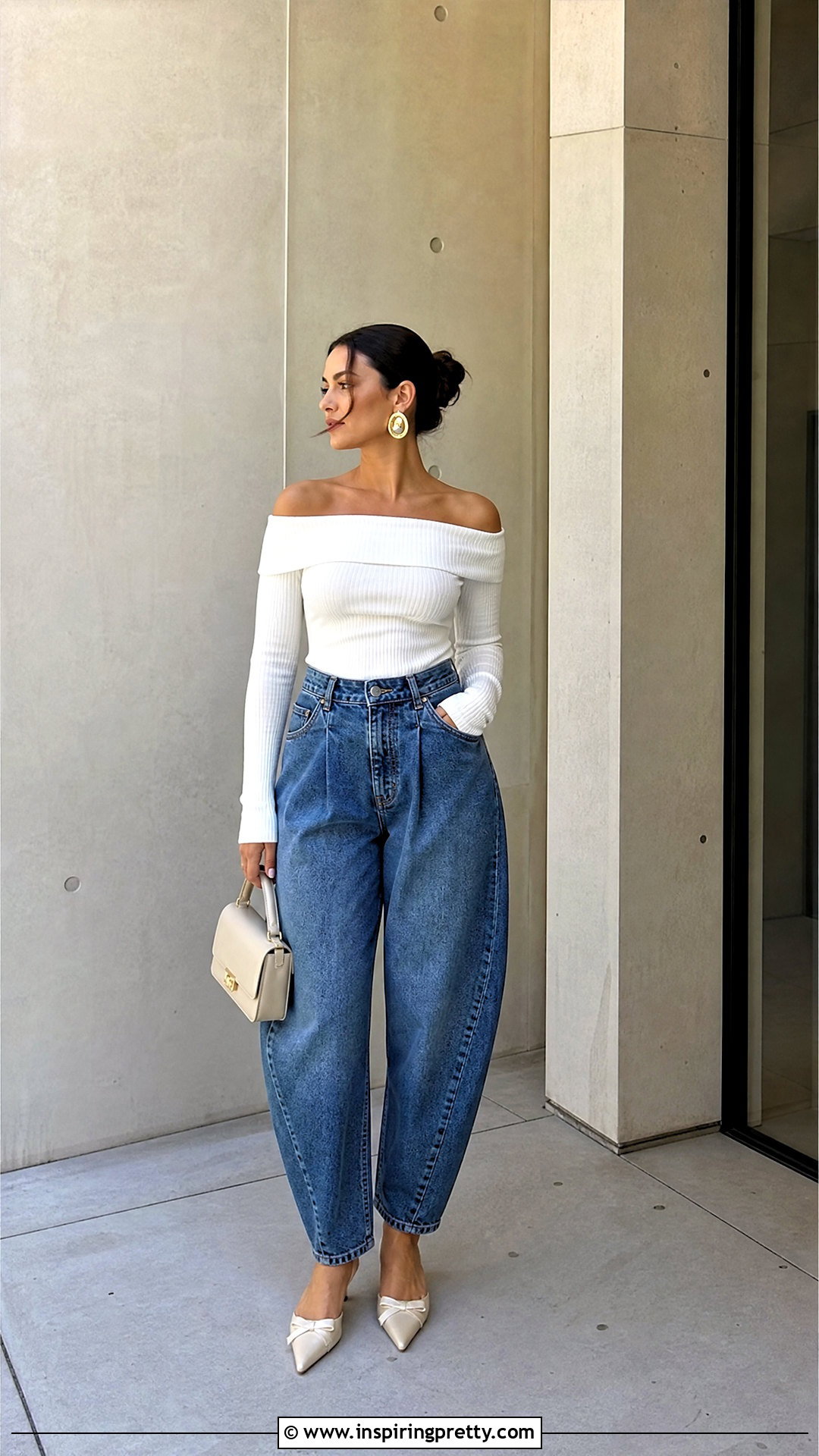 White Off The Shoulder Top With Barrel Jeans - 50 white off the shoulder top outfit ideas