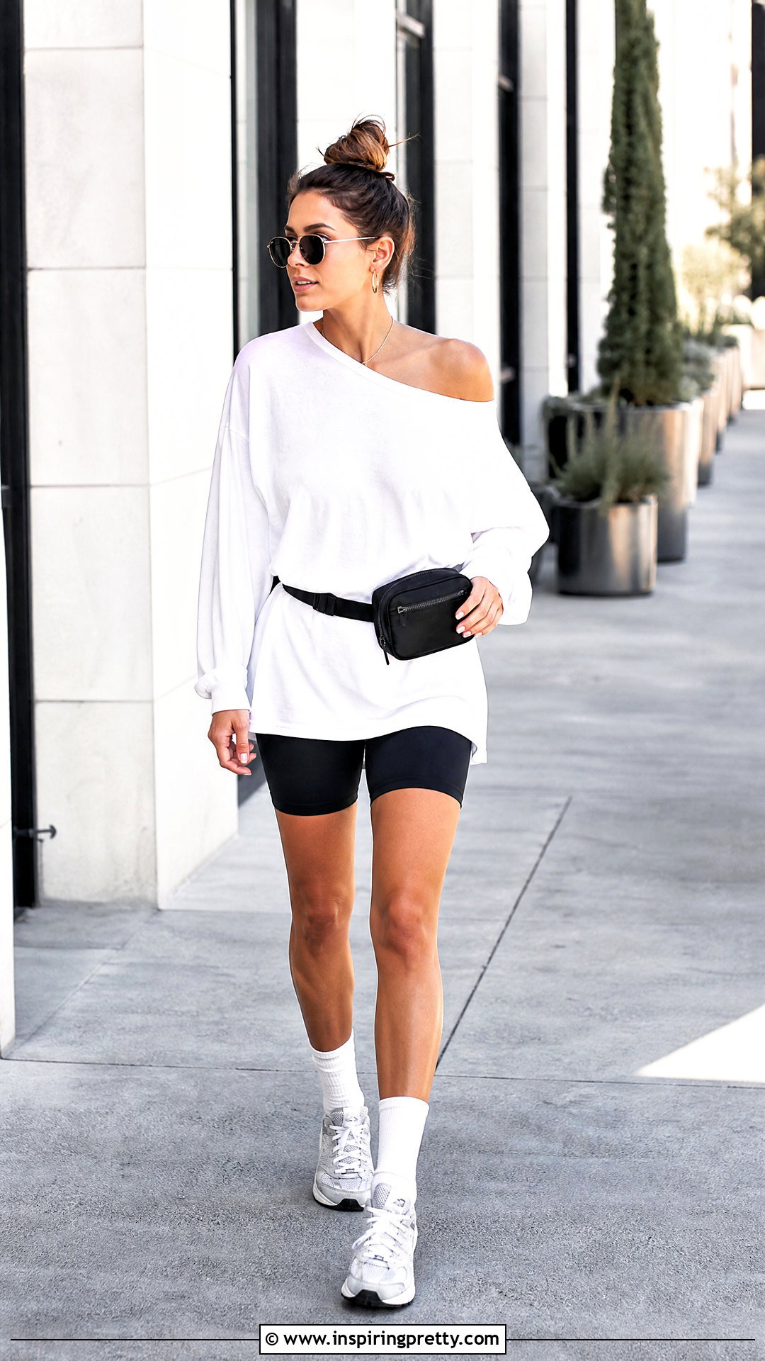 White Off The Shoulder Top With Biker Shorts - 50 white off the shoulder top outfit ideas