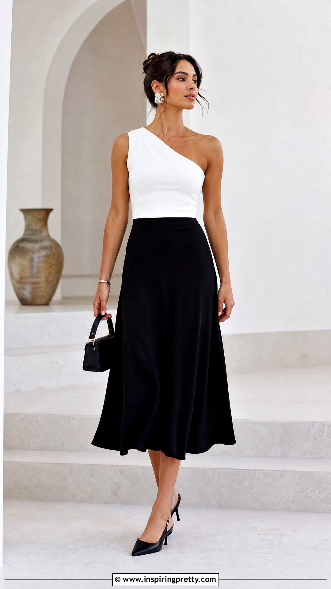 White One Shoulder Top With Black Midi Skirt - 50 white top aesthetic ideas