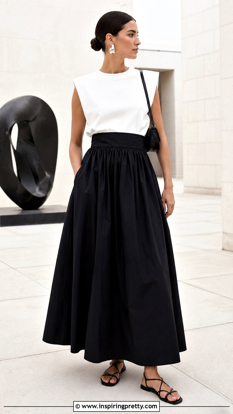 White One Yard Minimalist Top With Black Maxi Skirt - 20 one yard minimalist top outfit ideas
