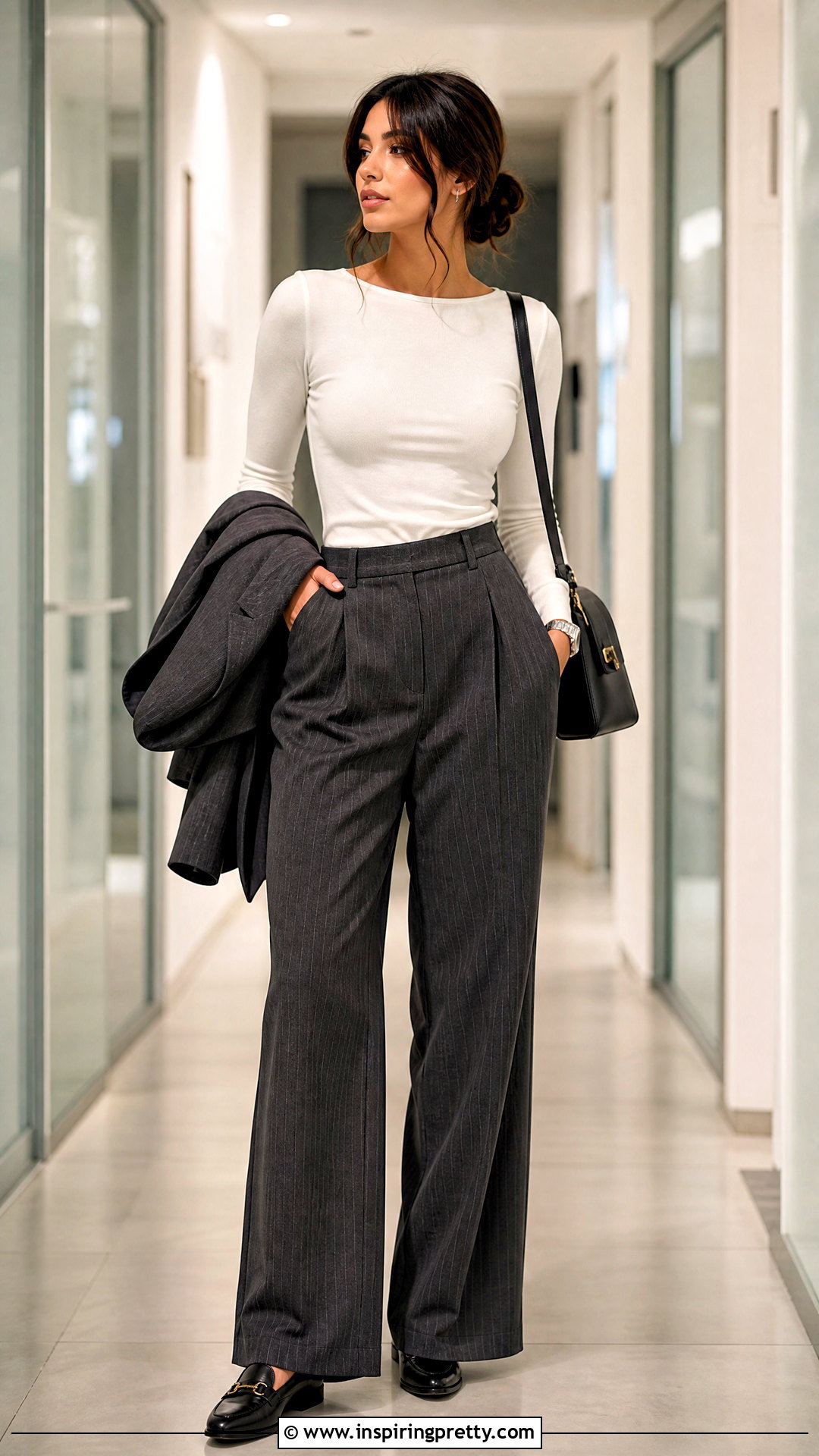 White Only For Tonight Top With Pinstripe Pants - 20 Only For Tonight Long Sleeve Top outfit ideas