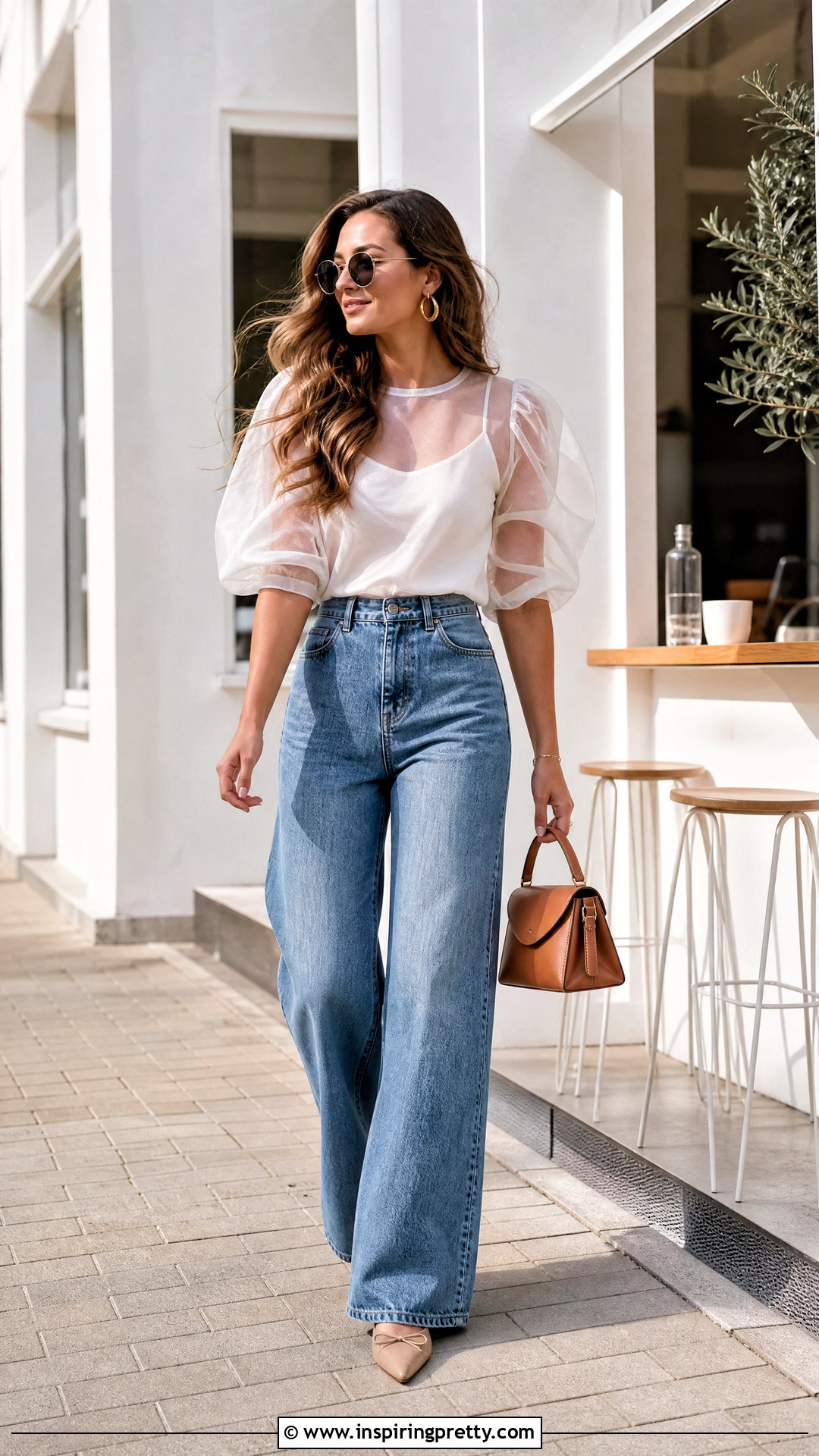 White Organza Top With Wide Leg Jeans - 50 organza tops outfit ideas