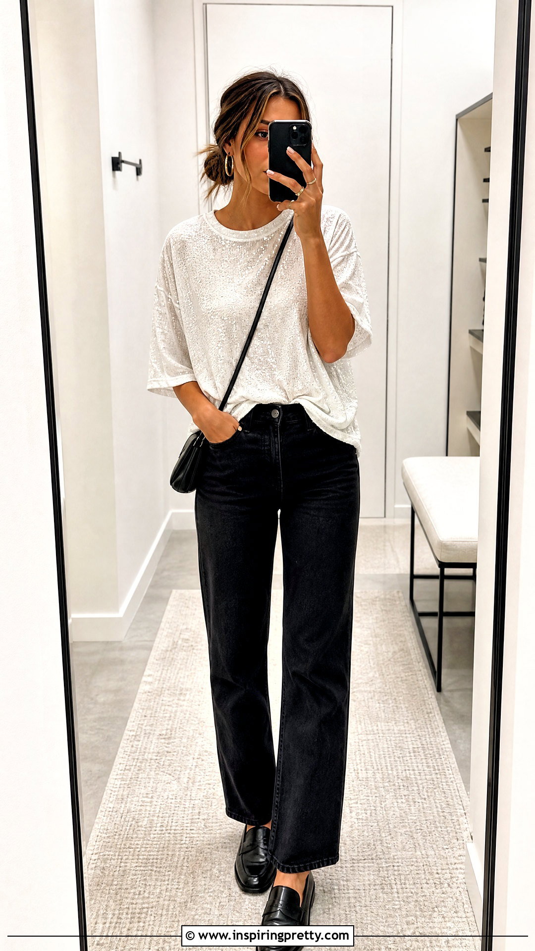 White Oversized Sequin T Shirt With Black Jeans - 20 white sequin tops for women