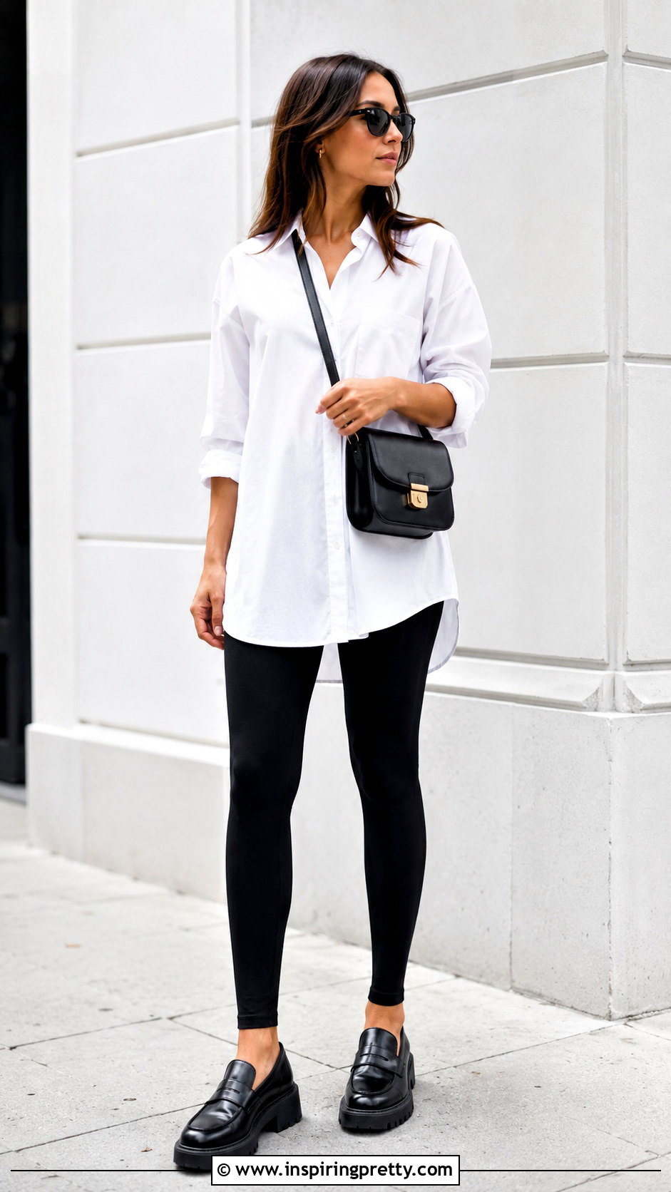 White Oversized Shirt With Black Leggings - 50 black and white top outfit ideas