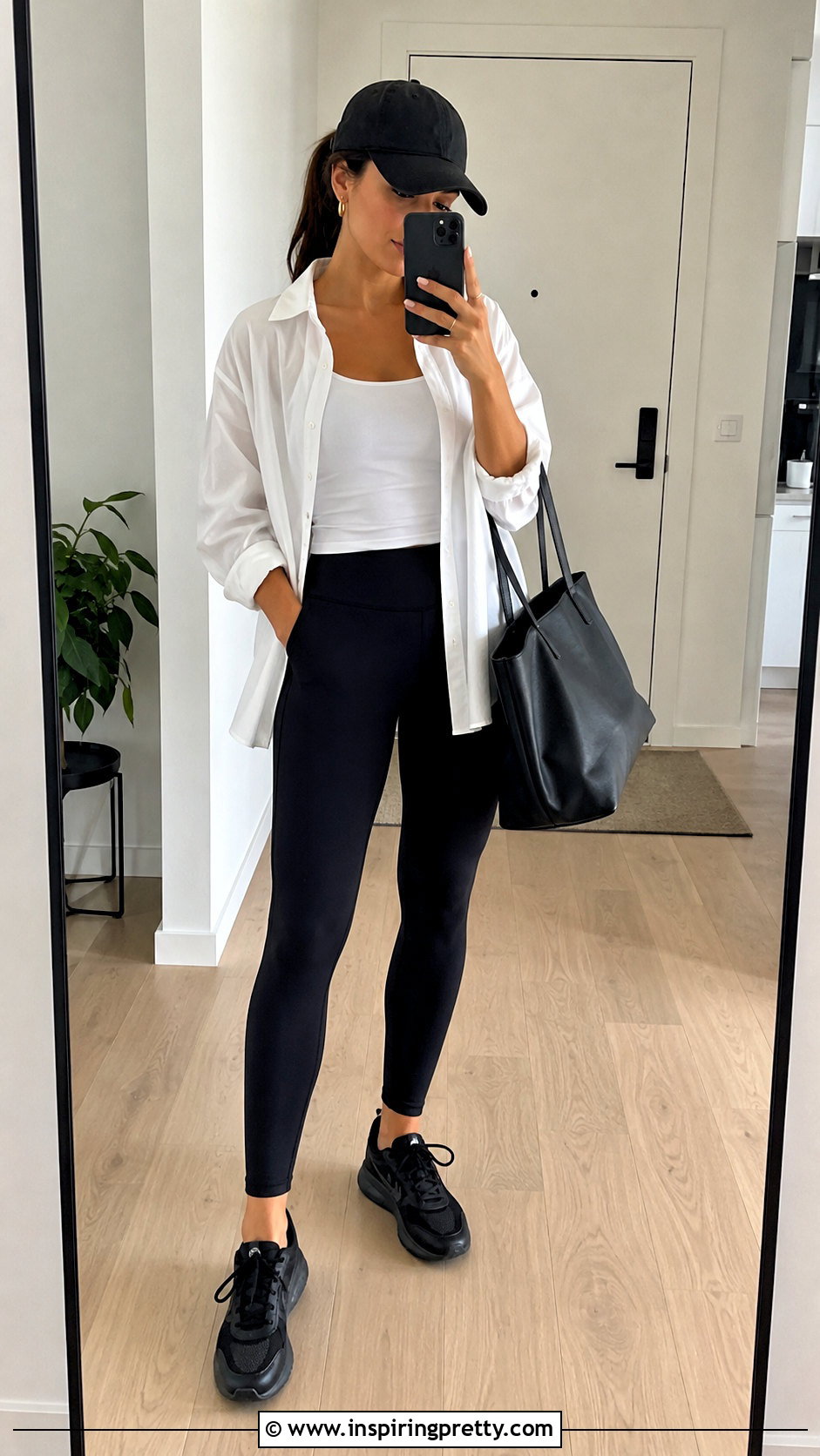 White Oversized Shirt With Black Leggings - 20 Minimalist White Top outfit ideas