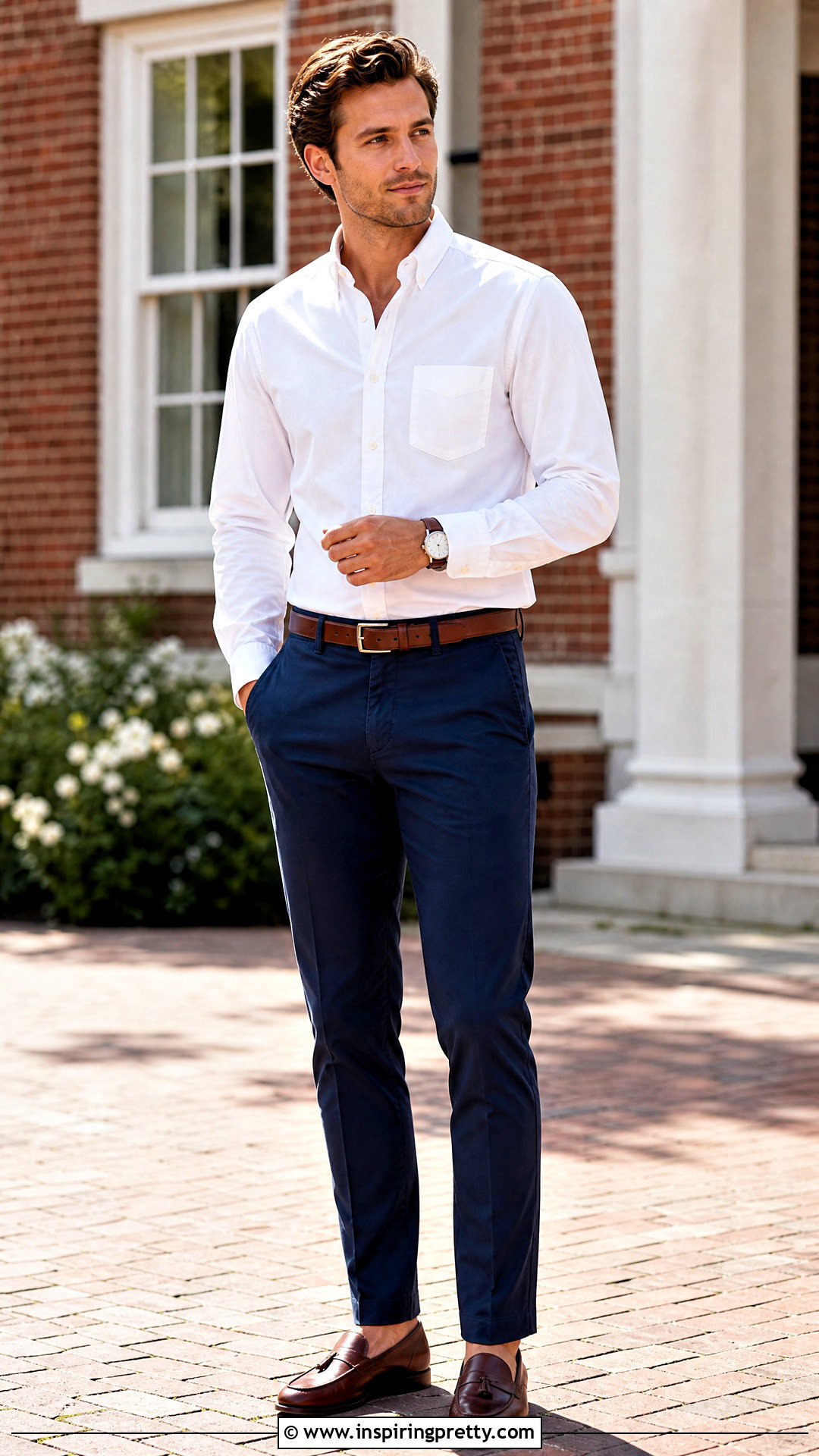 White Oxford Shirt With Navy Chinos - 50 mens tops outfit ideas
