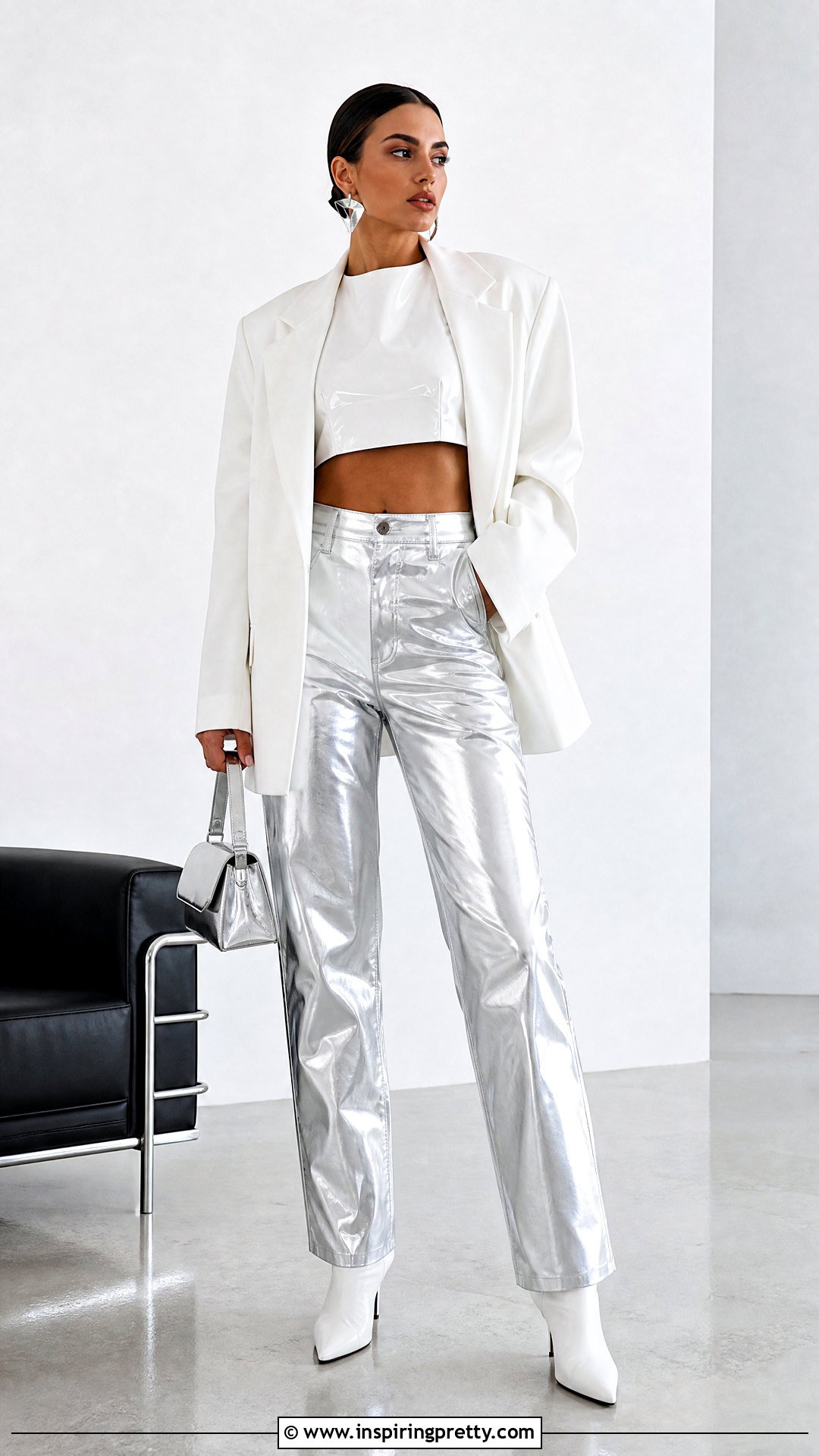White PVC Crop Top With Metallic Pants - 20 pvc crop top outfit ideas