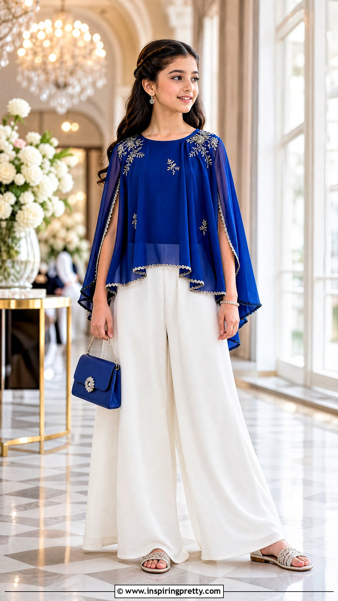 White Palazzo With Blue Cape Top - 50 kids plazo with tops