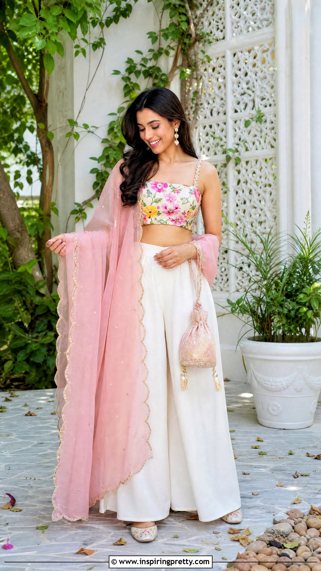 White Palazzo With Floral Crop Top And Dupatta - 20 plazzo with crop top and dupatta outfit ideas
