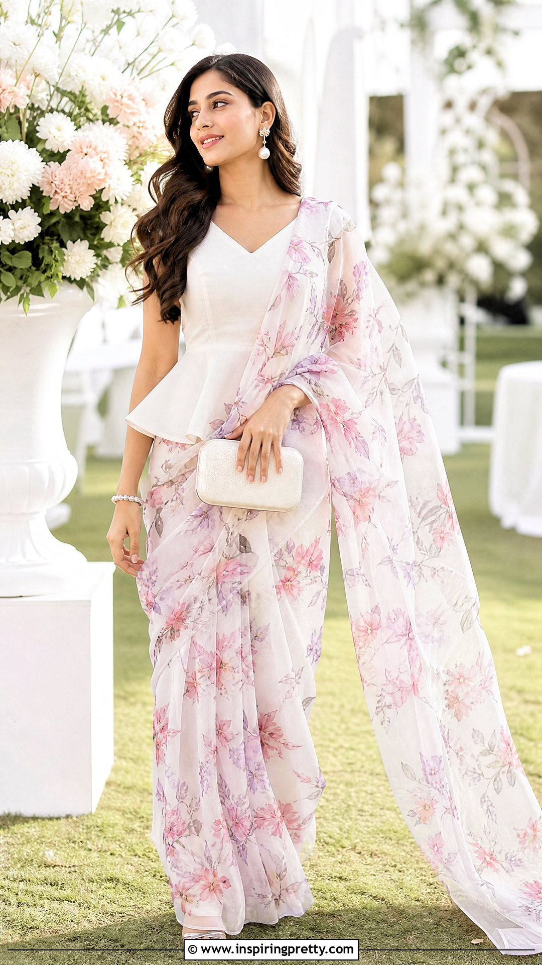 White Peplum Top With Floral Organza Saree - 20 peplum top with saree outfit ideas